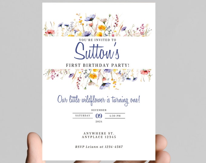 Our little wildflower, wildflower first birthday girl invitation, watercolor wildflower, floral, editable to any age