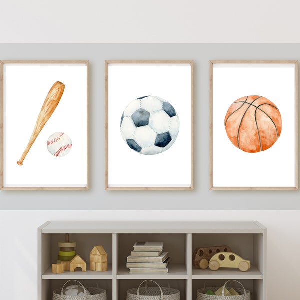 Sports room decor wall art, baseball, basketball, soccer ball, 11x14, set of 3 prints customizable, frame not included