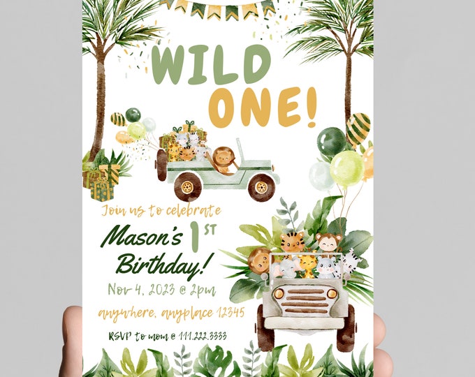 Wild ONE first birthday invitation, safari animals, zoo animals, party animals, first 1st birthday invitation, customize, digital, printable