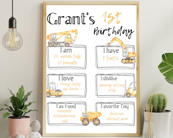 Construction 1st Birthday Stats Sign, Dump Truck Party Decor (Digital Download)