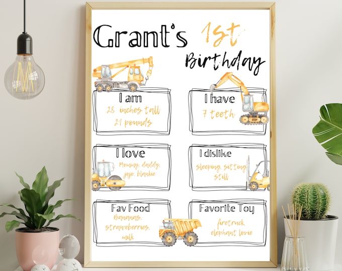 Construction theme for birthday party 1st birthday stats sign, milestones, dump truck, excavator, trucks, boy birthday, party decor