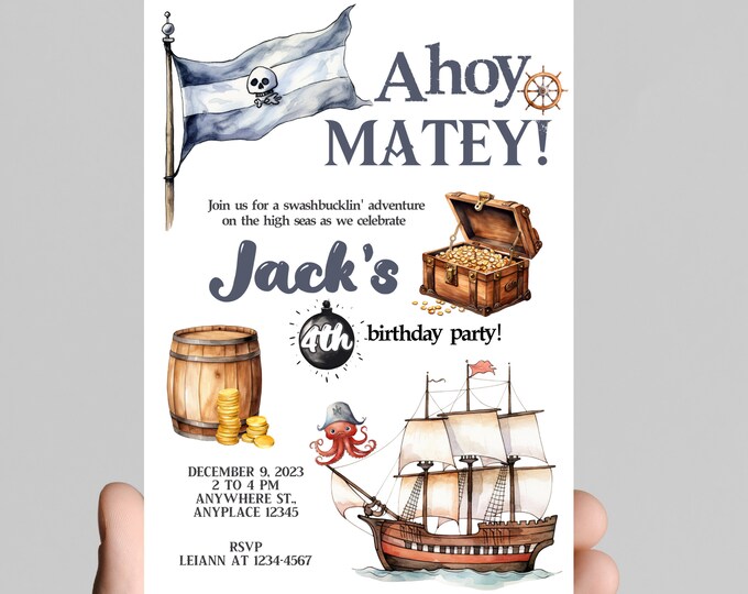Ahoy Matey! pirate theme birthday invitation, pirates, treasure chest, pirate ship, treasure map, customize to any age, digital, printable