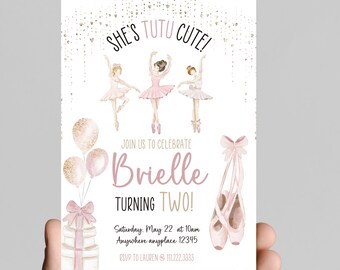 ballet light pink tutu themed birthday party invitation, tutu cute, two two cute, birthday invitation for little girl