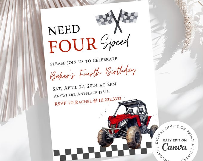 Need four speed red ATV side by side theme 4th birthday boy invitation, rev your engine shift into gear, SXS, dirt, mud, printable, digital