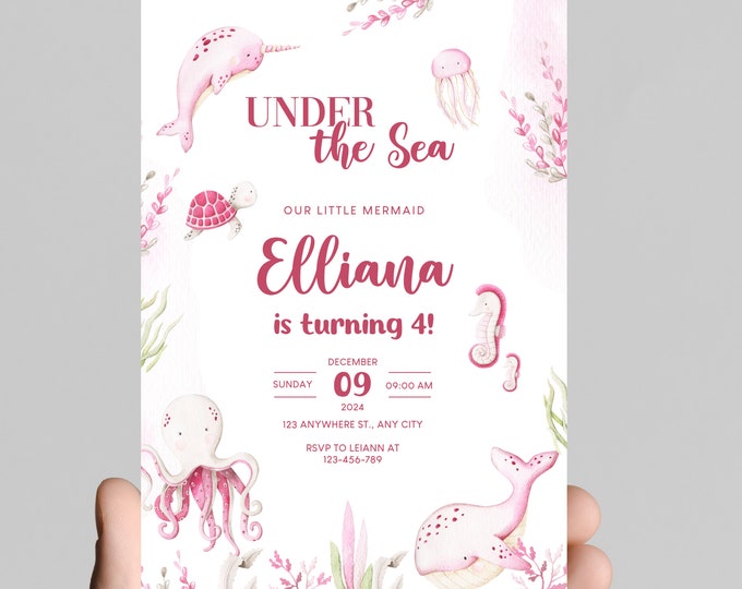 Under the sea theme girl birthday party invitation, pink ocean animals, splish splash, edit to any age, deep sea, ocean