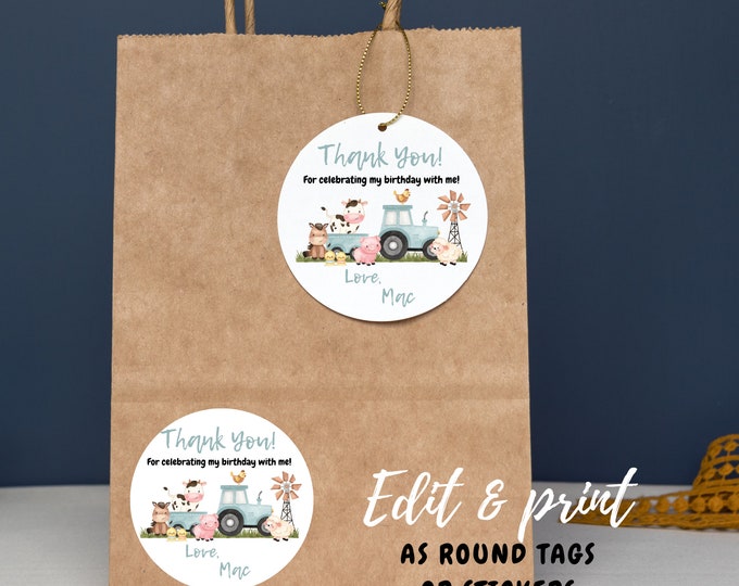 Farm animals, barn, Tractor theme round party favor tags or stickers, thank you for celebrating party favors