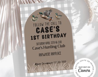 Duck hunter birthday party invitation, one lucky duck, follow the call, editable to any age, printable, digital