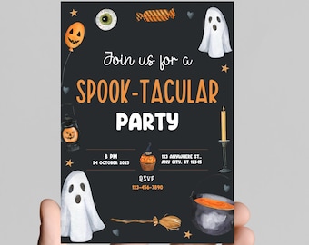 Halloween party invitation, spooky, costumes, pumpkins, spiders, editable, printable, digital