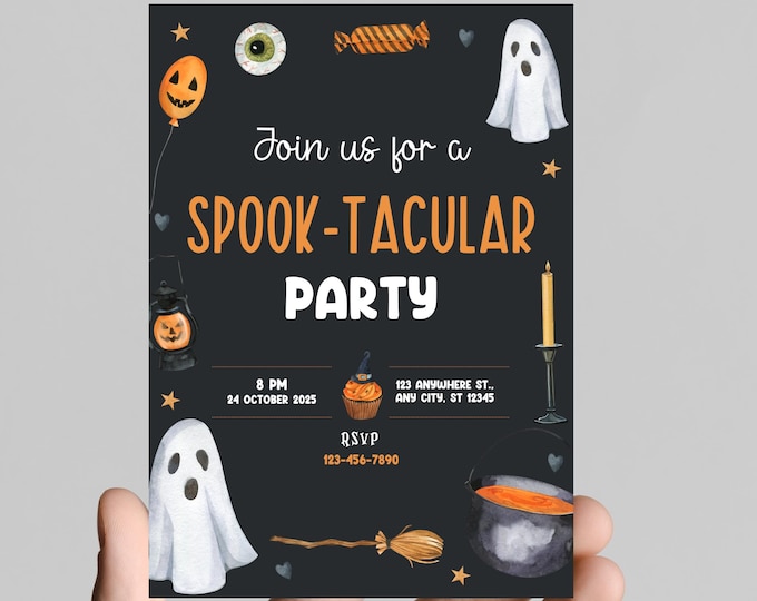 Halloween party invitation, spooky, costumes, pumpkins, spiders, editable, printable, digital
