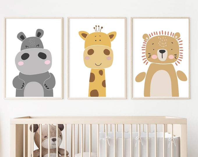 boho baby zoo animal nursery wall art decor, hippo, giraffe, lion, gender neutral, nursery room,11x14, set of 3 digital prints included.