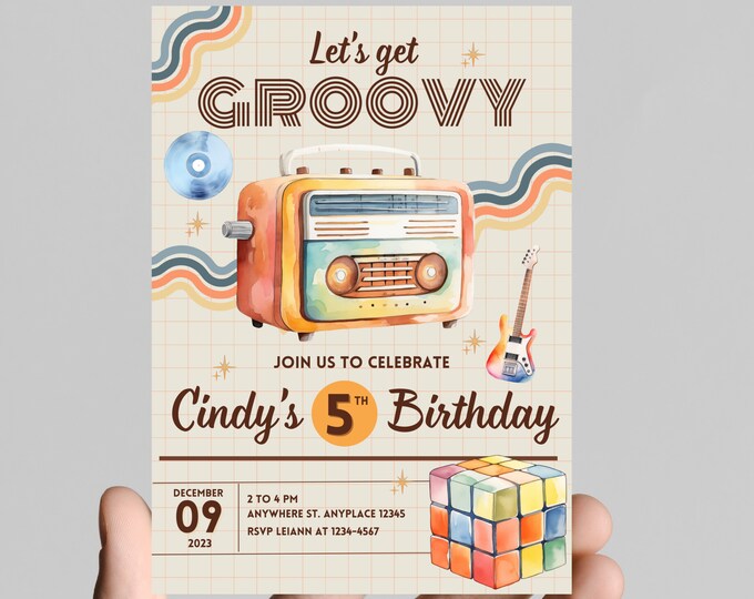 Let’s get groovy, retro, 70’s, throwback, daisy, boho, rainbow, groovy hippie girl birthday invitation themed, edit any age, printable