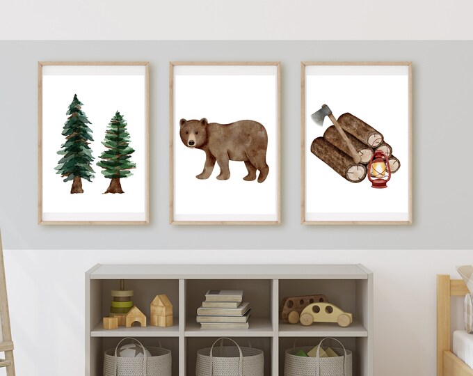 lumberjack woodland forest animal nursery wall art decor, bear, baby boy room, 11x14, set of 3 digital prints included.