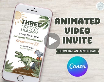 Stomp chomp roar, let’s party like a dinosaur, Dinosaur T-Rex theme birthday party video phone invitation, edit to any age