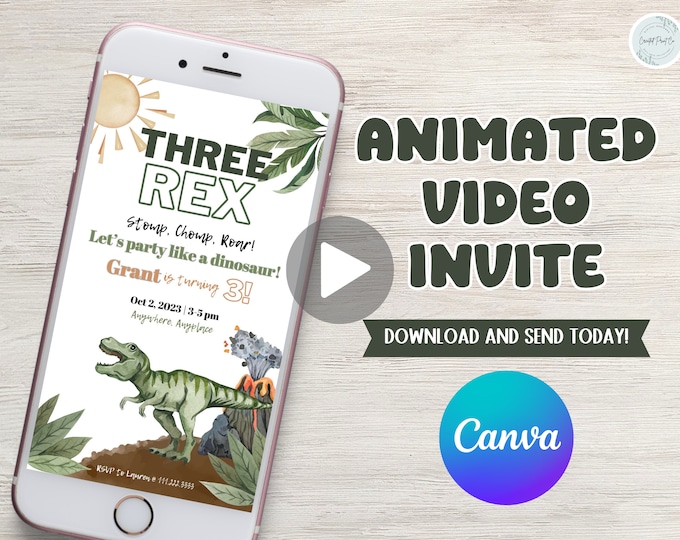 Stomp chomp roar, let’s party like a dinosaur, Dinosaur T-Rex theme birthday party video phone invitation, edit to any age