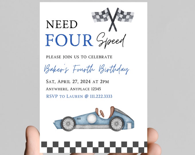 Need four speed, need for speed, Race on over, race car theme birthday invitation, 4th birthday, racing,nascar, editable, printable, digital