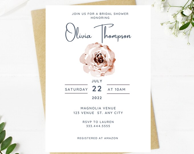 light pale pink floral and greenery bridal shower invitation, Wedding, simple, minimalist, printable, editable, instant download template