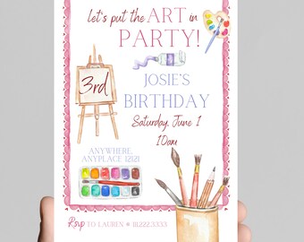 Art Party Birthday Invitation, Rainbow Paint, Gold Glitter (Digital Download)
