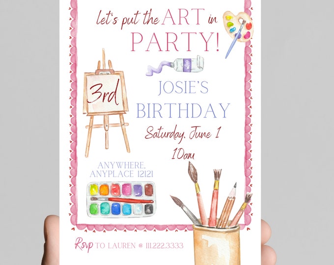 Let’s put the Art in pARTy theme birthday invitation, rainbow paint,gold glitter, paintbrush, painting,girl birthday party, age customizable