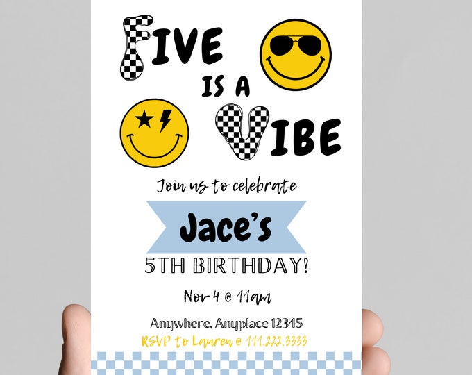 FIVE is a VIBE boy 5th birthday party invitation, black and white, smiley face, sunglasses, edit and printable, digital