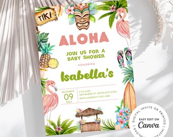 Hawaiian luau theme girl birthday invitation, Aloha birthday invitation, aloha pink flamingo, tropical, age is editable, digital, printable
