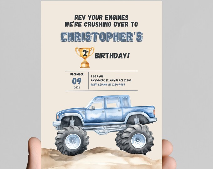 Monster truck theme Birthday Invitation, boom crash it's a monster truck bash! birthday boy, monster trucks, dirt, trucks