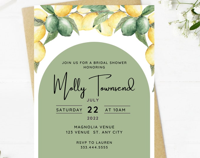 Beautiful lemon bridal shower invitation, lemon floral, Wedding, simple, minimalist, printable, editable, instant download template