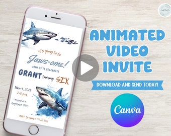 Jawsome time! Shark-tactic shark theme birthday party video invitation, edit to any age, ocean, sharks, jaws, shark attack, shark week