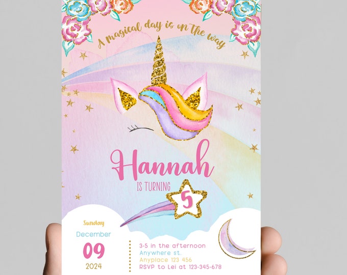 Rainbow Unicorn magical day girl’s birthday invitation, watercolor, sparkle, girl birthday party, digital, edit any age and print