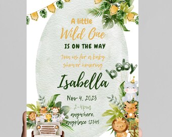 A little wild one is on the way, baby shower invitation, baby boy, safari animals, zoo animals, party animals, digital, printable