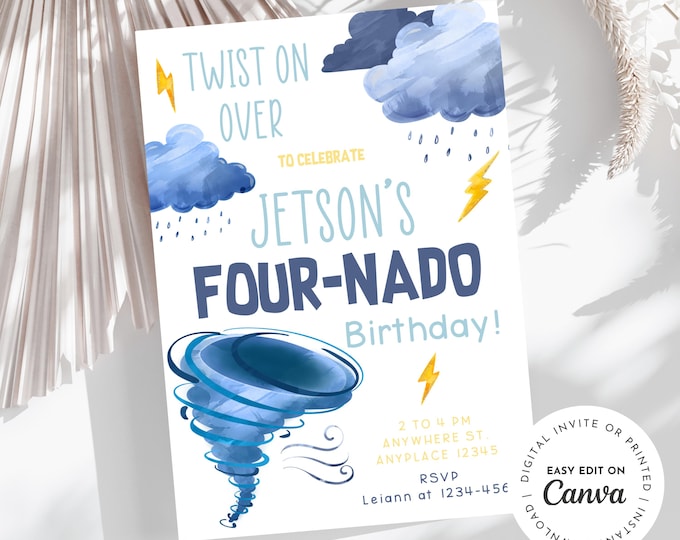Tornado 4th birthday invitation, Four-nado warning! Twist on over! Storm warning! Four-nado! boy birthday, printable, digital