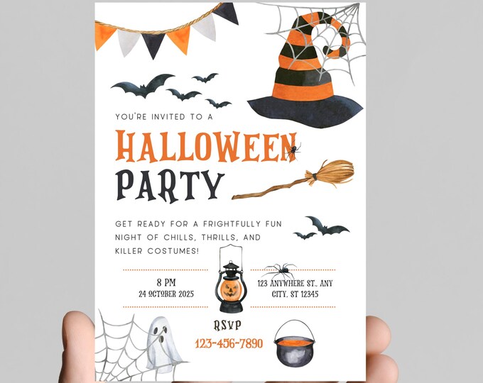 Halloween party invitation, spooky, costumes, pumpkins, spiders, editable, printable, digital