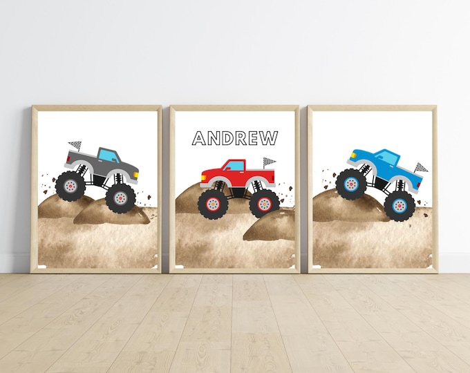 monster truck room decor, wall art, digital download, 11x14, set of 3 prints included, customizable, frame not included