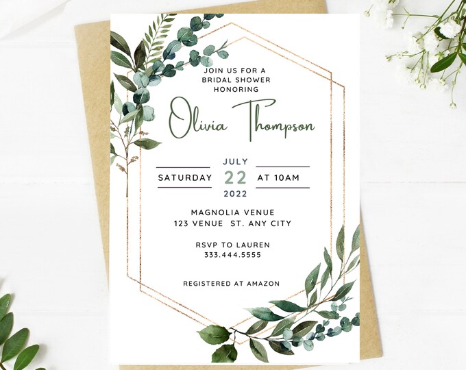 Beautiful Wedding invitation, boho floral and greenery, gold frame, simple, minimalist, printable, editable, instant download template