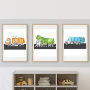 Garbage Truck Wall Art Prints: Customizable Kids Room Decor Set of 3 (11x14, Frame Not Included)