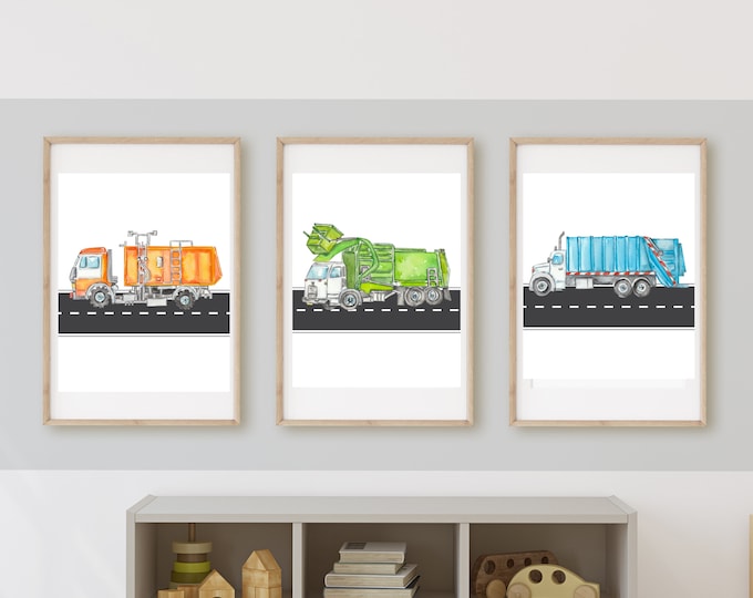 Garbage Truck Wall Art Prints: Customizable Kids Room Decor Set of 3 (11x14, Frame Not Included)