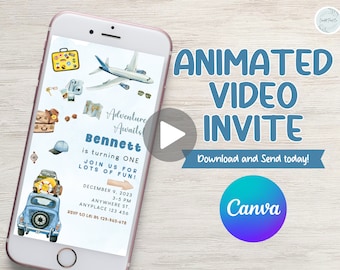 Adventure awaits! What a one-derful world theme birthday party video phone invitation, vintage travel, airplane, edit to any age