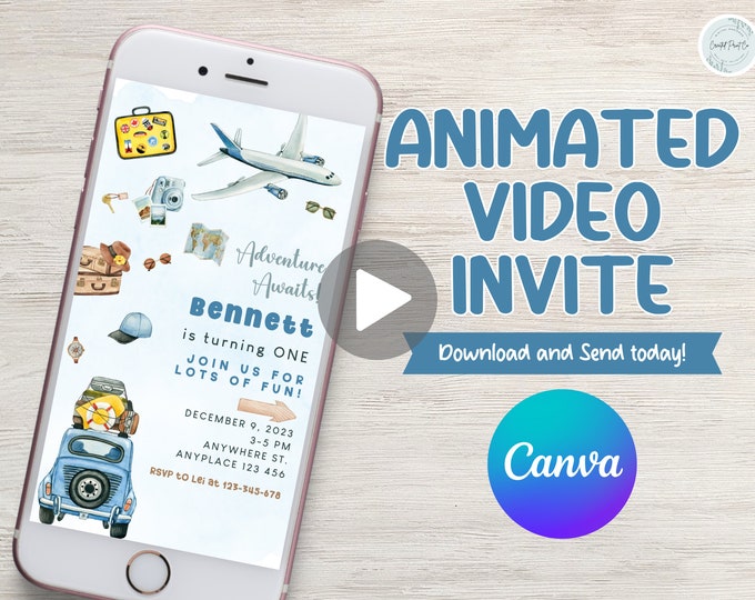 Adventure awaits! What a one-derful world theme birthday party video phone invitation, vintage travel, airplane, edit to any age