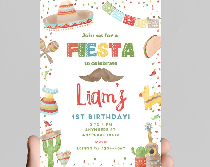 first fiesta birthday party invitation, fiesta, cactus, taco bout birthday party invitation, muticolor