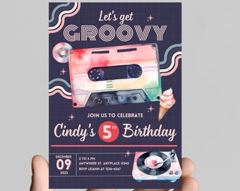 Let’s get groovy, retro, 70’s, throwback, daisy, boho, rainbow, groovy hippie girl birthday invitation themed, edit any age, printable