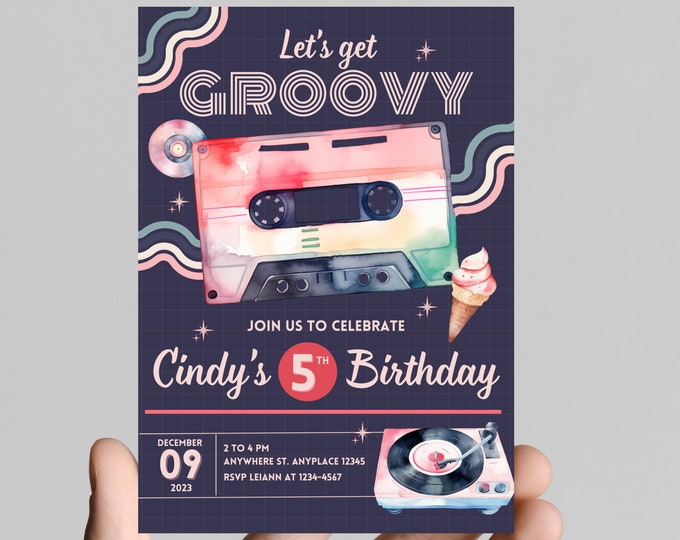 Let’s get groovy, retro, 70’s, throwback, daisy, boho, rainbow, groovy hippie girl birthday invitation themed, edit any age, printable
