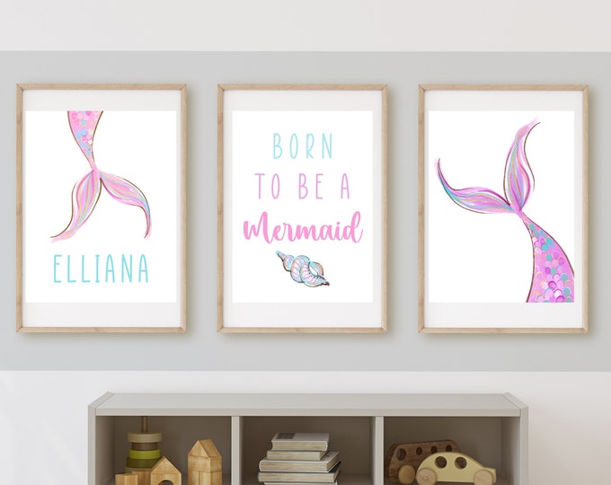 Mermaid girl’s bedroom wall art or playroom wall decor, sparkles, mermaid tails, name art, under the sea, printable, digital