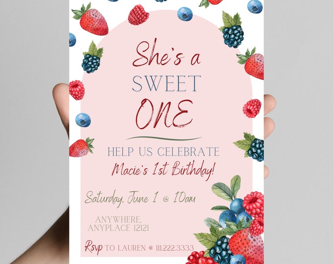 She’s a sweet ONE Berry First birthday themed berry birthday invitation themed girl birthday party, strawberries, sweet girl, first birthday