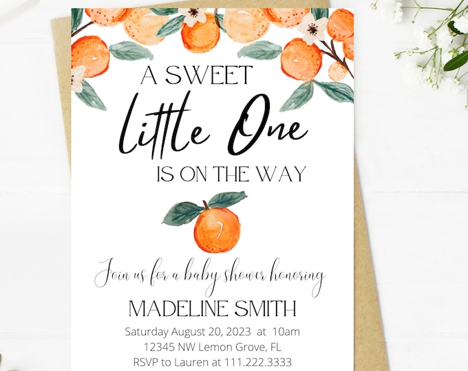 clementine, orange, cutie, tangerine baby shower invitation, a sweet little one is on the way, baby shower, mom to be, minimalist
