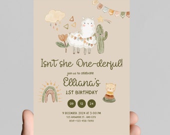 Boho 1st Birthday Invitation, Llama, Rainbow (Digital)