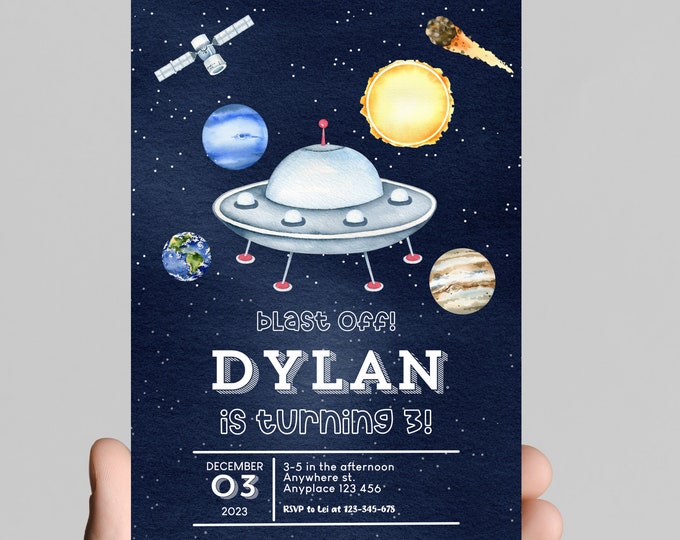 Blast off! Space theme boy birthday invitation, astronaut, outer space, rocket, edit and printable, digital