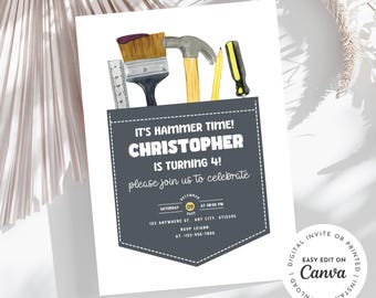 May include: A birthday invitation with a gray pocket design. The pocket contains a hammer, paintbrush, pencil, and ruler. The text reads "It's Hammer Time! Christopher is turning 4! Please join us to celebrate. Saturday, December 09, 2015 at 06:00 PM. 123 Anywhere St. Any City, 6712345. RSVP Leiame at 123-456-7890."