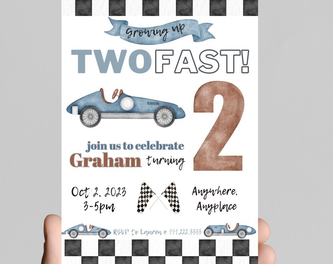 Growing up TWO FAST 2nd birthday invitation, Race on over, race car theme birthday invitation, racing,nascar, editable, printable, digital