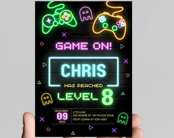 Gamer gaming birthday party invitation, neon lights, editable, printable, digital
