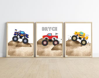 monster truck room decor, wall art, digital download, 11x14, set of 3 prints included, customizable, frame not included