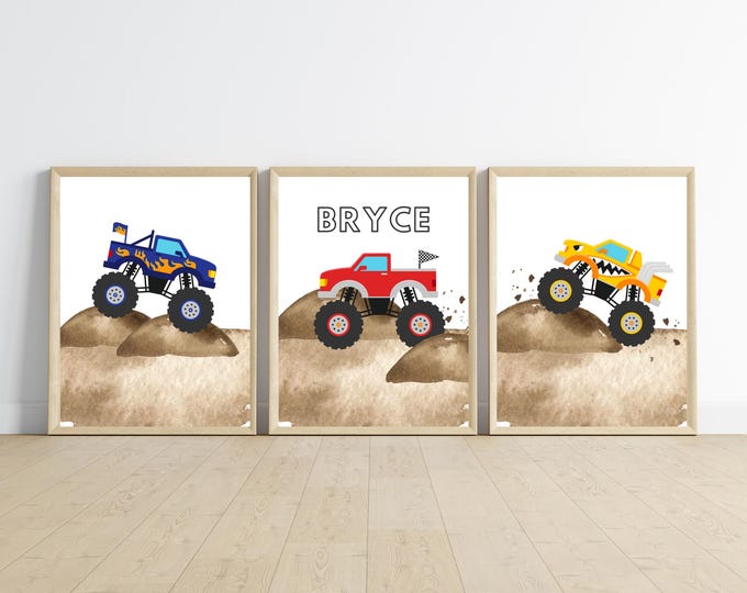monster truck room decor, wall art, digital download, 11x14, set of 3 prints included, customizable, frame not included